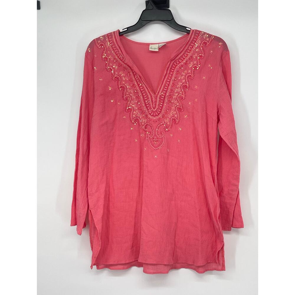 Merona 100% Cotton Coral Beaded Long‎ Sleeve Top Tropical Resort Y2K